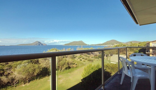 Panoramic views across Shoal Bay from the balcony